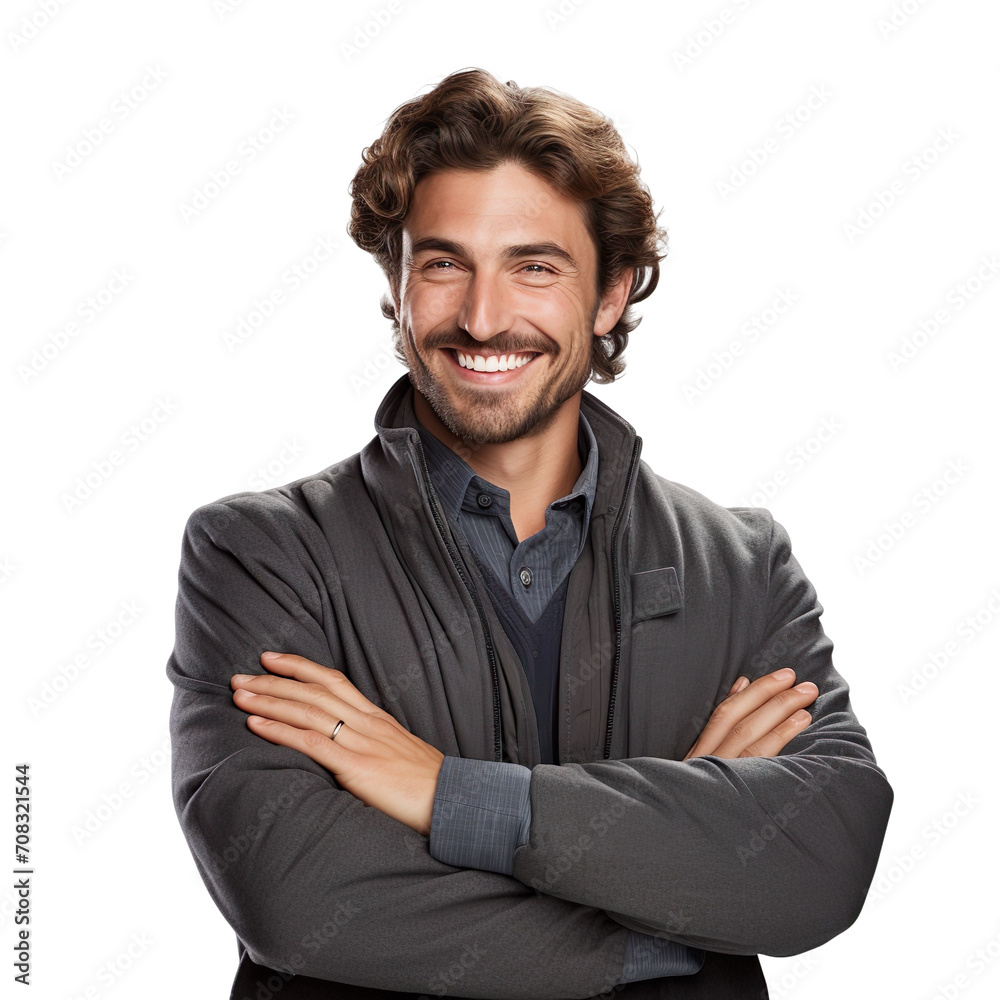 Front view of an extremely handsome Caucasian white male model dressed as a Astronomer smiling with arms folded, isolated on a white transparent background