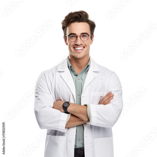 Front view of an extremely handsome Caucasian white male model dressed as a Chemist smiling with arms folded, isolated on a white transparent background © CrazeePixelINC