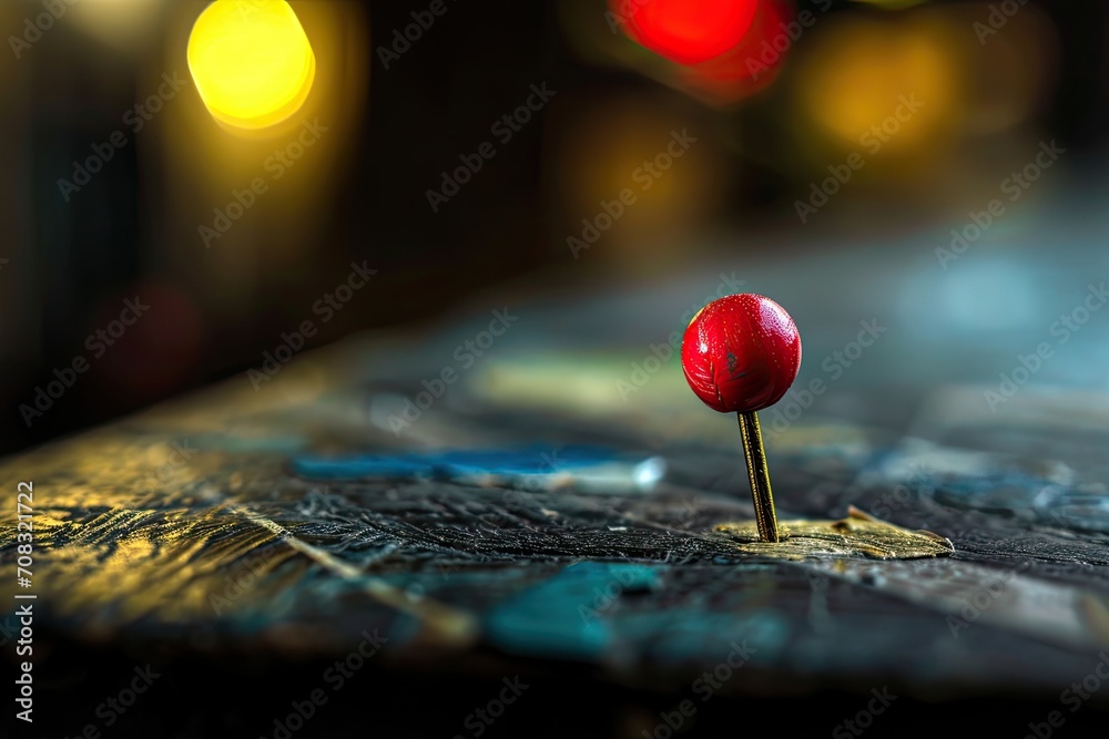 close-up view of a red pushpin embedded in a textured surface that resembles a map or wooden board close-up view of a red pushpin embedded in a textured surface that resembles a map or wooden board