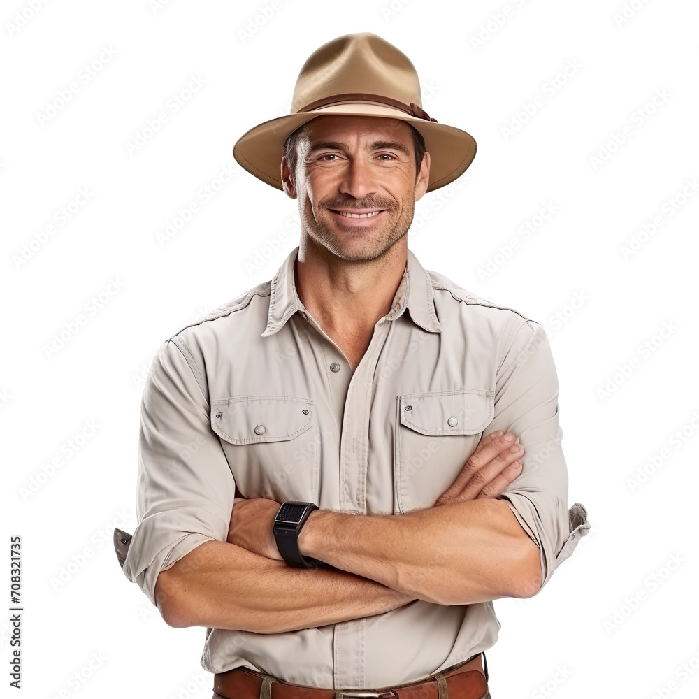 Front view of an extremely handsome Caucasian white male model dressed as a Geologist smiling with arms folded, isolated on a white transparent background Front view of an extremely handsome Caucasian white male model dressed as a Geologist smiling with arms folded, isolated on a white transparent background