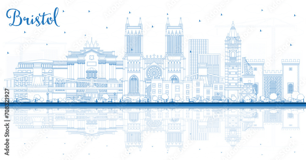 Outline Bristol UK City Skyline with Blue Buildings and reflections. Bristol England Cityscape with Landmarks. Travel and Tourism Concept with Historic Architecture.