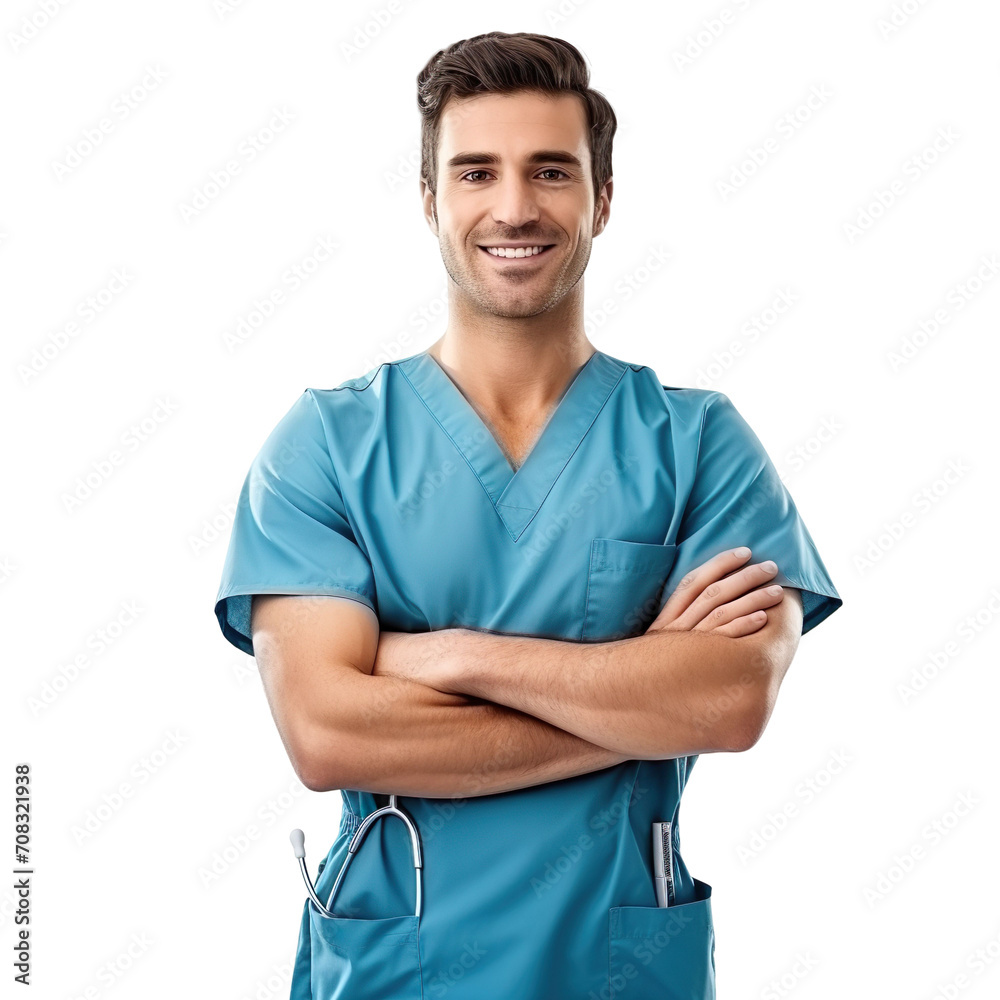 Front view of an extremely handsome Caucasian white male model dressed as a Surgeon smiling with arms folded, isolated on a white transparent background Front view of an extremely handsome Caucasian white male model dressed as a Surgeon smiling with arms folded, isolated on a white transparent background
