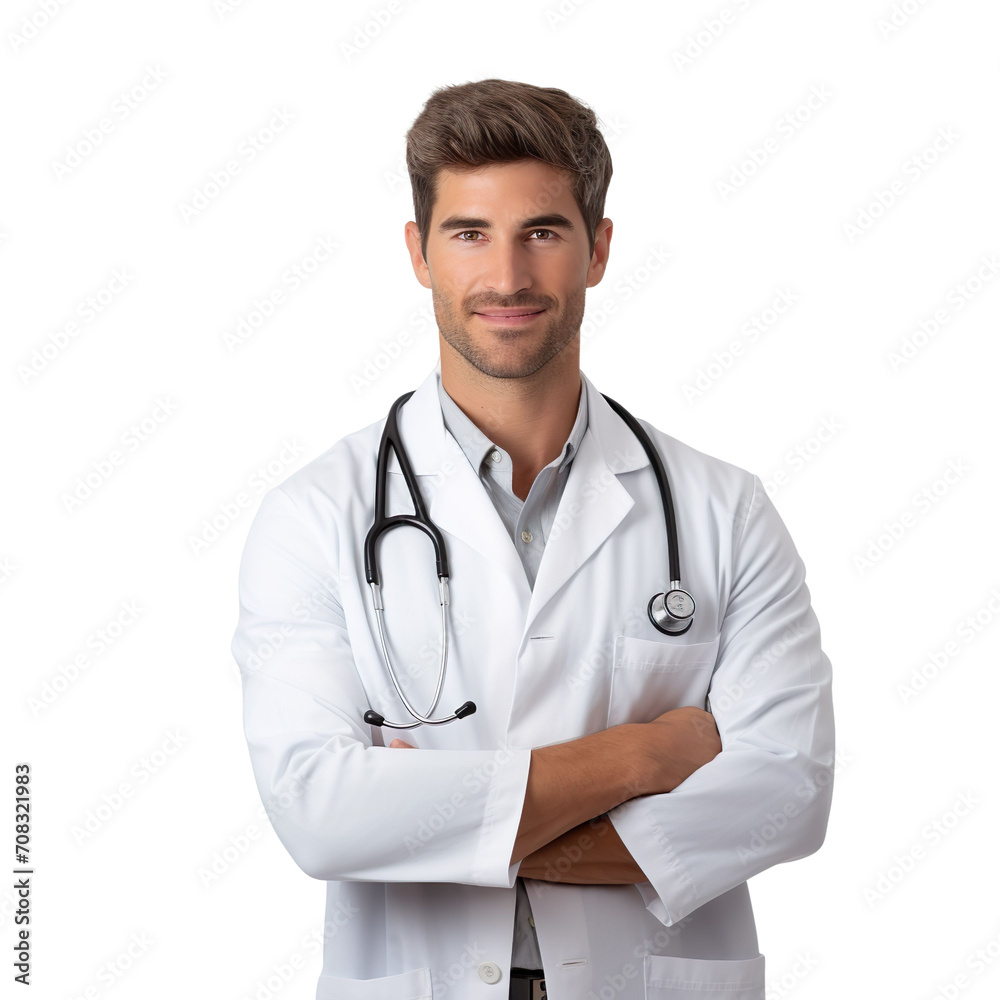 Front view of an extremely handsome Caucasian white male model dressed as a Veterinarian smiling with arms folded, isolated on a white transparent background Front view of an extremely handsome Caucasian white male model dressed as a Veterinarian smiling with arms folded, isolated on a white transparent background