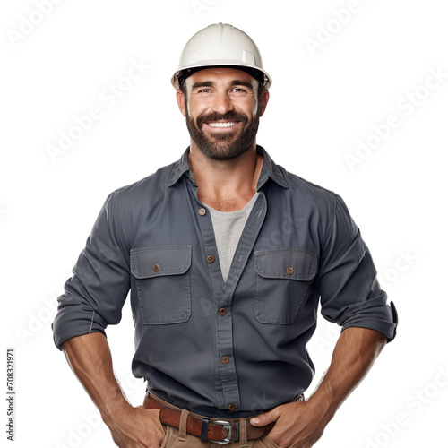 Front view of an extremely handsome Caucasian white male model dressed as a Surveyor smiling with arms folded, isolated on a white transparent background