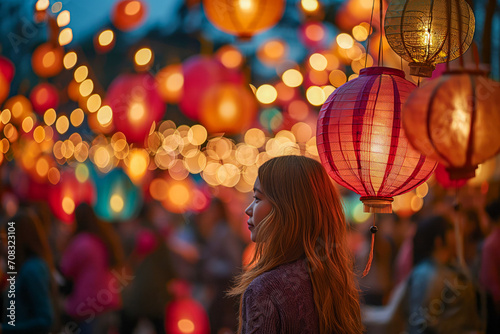 Woman Admiring Colorful Lanterns at Night Festival
