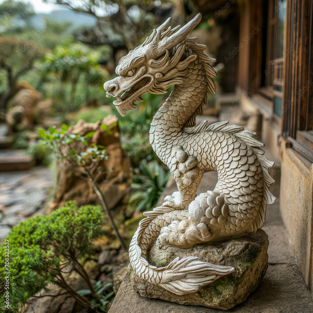 Stone Dragon Statue in a Lush Green Garden Stone Dragon Statue in a Lush Green Garden