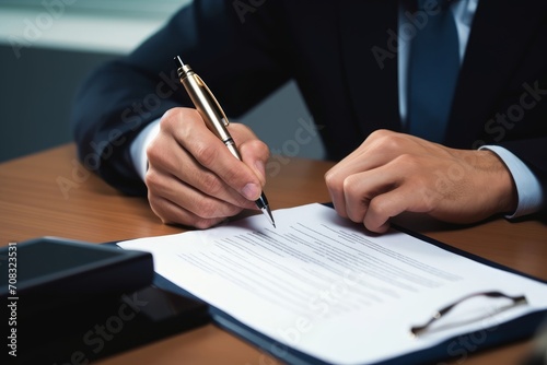 Closeup hand signing contract document with pen  sealing business deal with signature. Businesspeople finalizing business agreement by writing down signature on contract paper  Generative AI