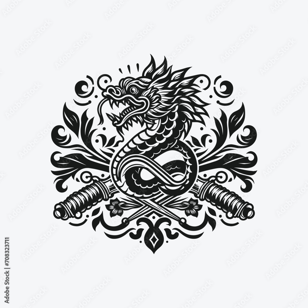 monochrome dragon tattoo vector design, in a simple and elegant style