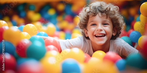 Joyful young boy with curly hair enjoying playtime in a vibrant ball pit at a children's indoor play center AI Generative photo