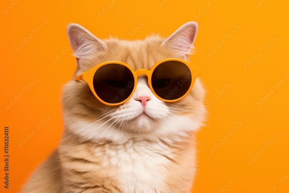 Cat wearing sunglasses on orange background half body summer vacation