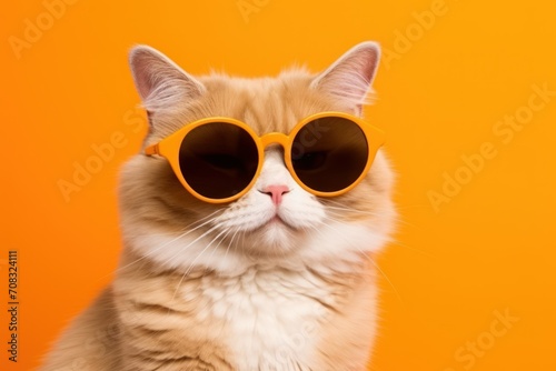 Cat wearing sunglasses on orange background half body summer vacation © Muh