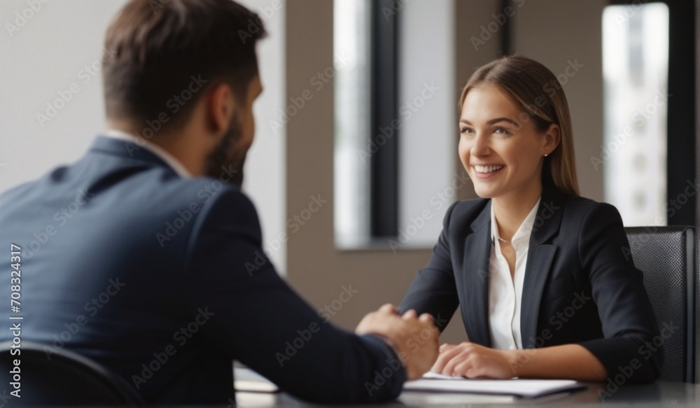 Smiling female hr hiring recruit at job interview, bank or insurance agent, lawyer making contract deal with client at work from Generative AI Smiling female hr hiring recruit at job interview, bank or insurance agent, lawyer making contract deal with client at work from Generative AI