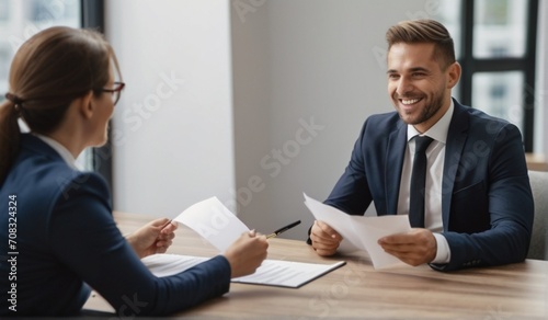 Smiling male hr hiring recruit at job interview, bank or insurance agent, lawyer making contract deal with client at work from Generative AI