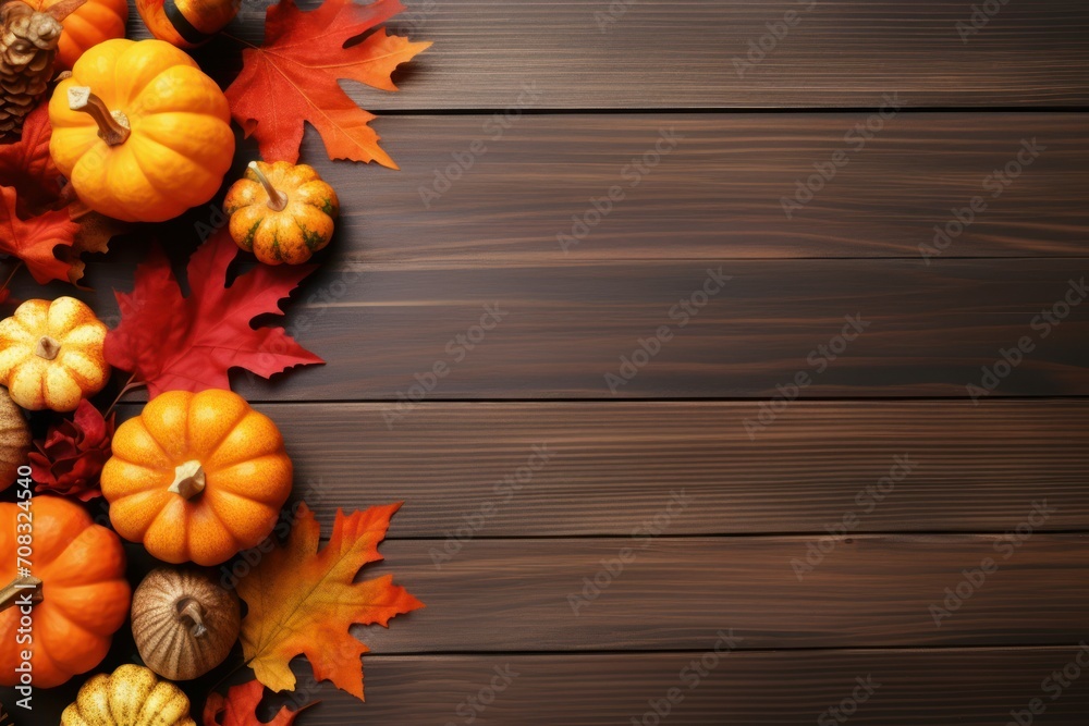 Dry autumn leaves and pumpkins on wooden table, flat lay. Space for text Dry autumn leaves and pumpkins on wooden table, flat lay. Space for text