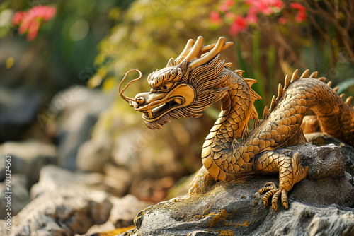 Golden Dragon Statue in a Mystical Forest