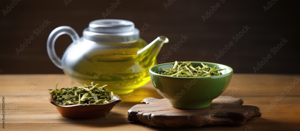 Green tea and a vessel for brewing tea. Green tea and a vessel for brewing tea.