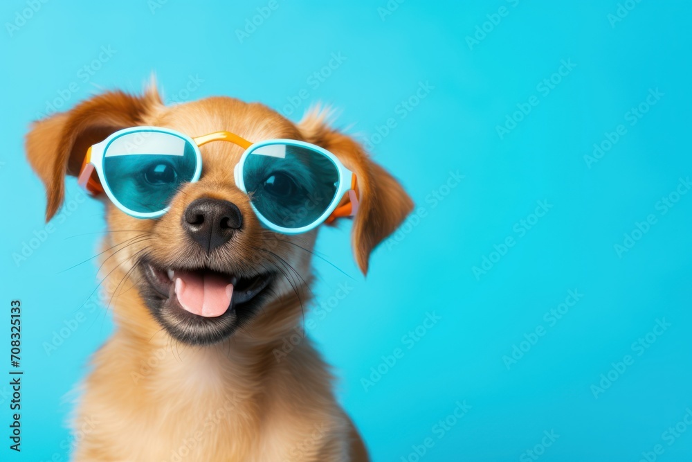 puppy wearing sunglasses on blue background half body summer vacation
