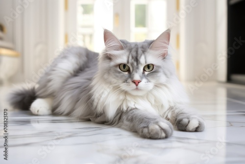 Sleek and elegant cat lounging on a polished marble floor