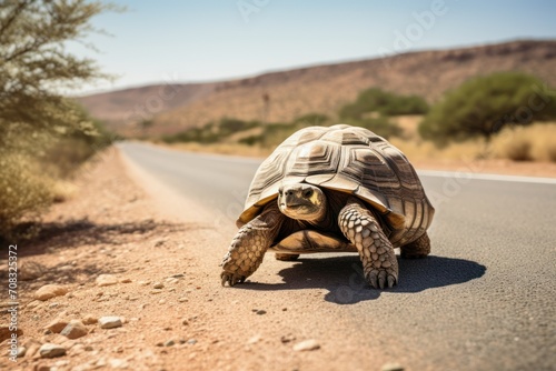 Tortoise crossing desert road