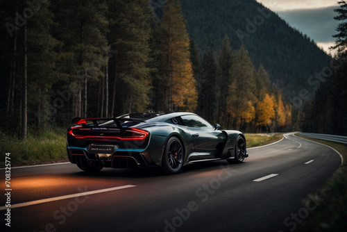 sports car driving fast on the road in the background mountains hills sky © Malik