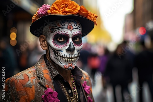 A person with their face painted and decorated for the Day of the Dead Parade