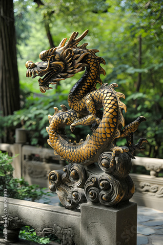Golden Dragon Statue in a Peaceful Garden © Suplim