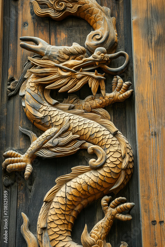 Golden Dragon Sculpture on Dark Wood