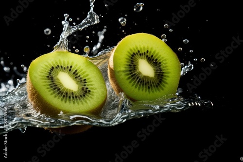 A slice of kiwi splashing into a splash of water