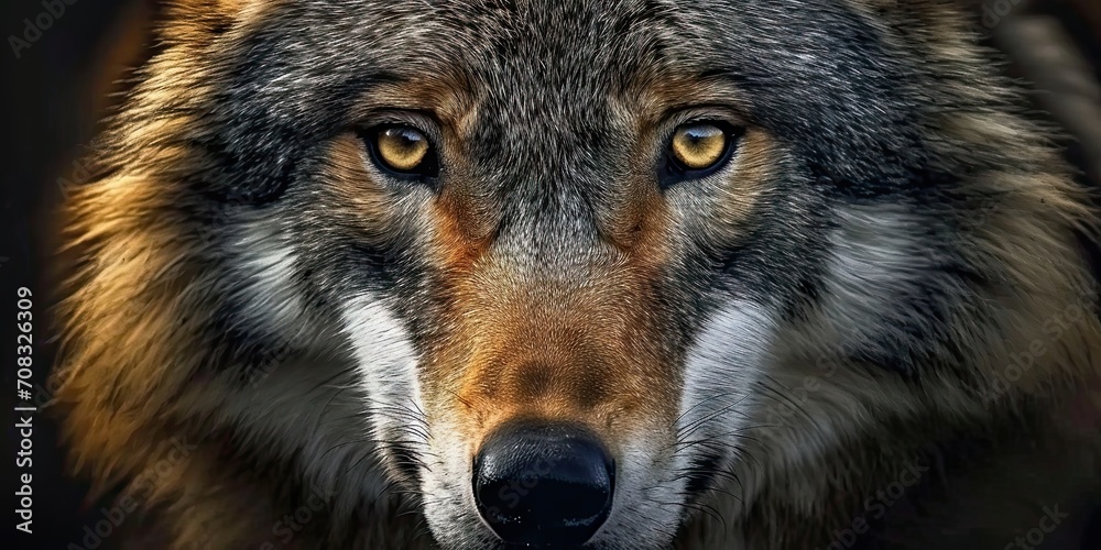 Majestic lone wolf. Stunning portrait of wild gray wolf intensely staring into the night perfect for conveying raw power and beauty of predatory creature in natural habitat Majestic lone wolf. Stunning portrait of wild gray wolf intensely staring into the night perfect for conveying raw power and beauty of predatory creature in natural habitat