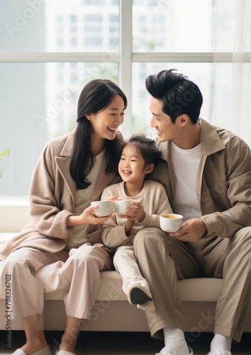 Family of three enjoying coffee together