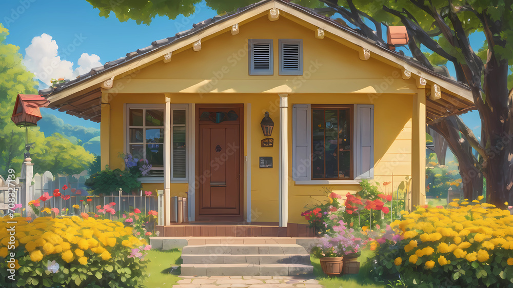 direct front view of facade of a A small yellow house in a village, with a flower garden and a mailbox. The house has a porch and a swing, and a bicycle is leaning against it. A sunny day, illustratio