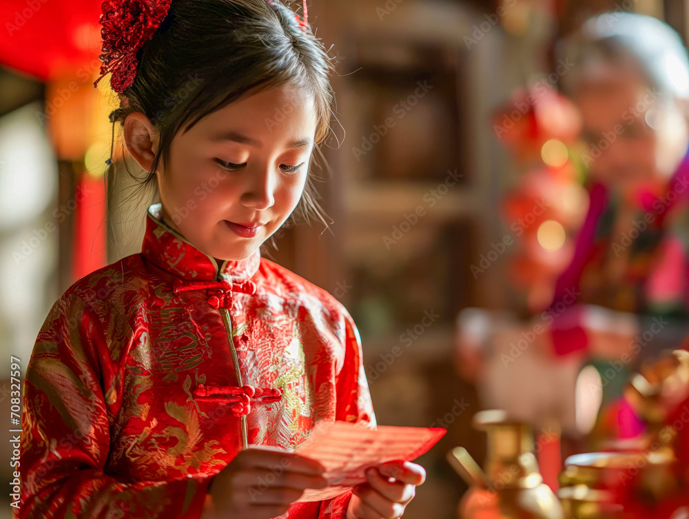 Child in Traditional Dress Receiving Red Envelope