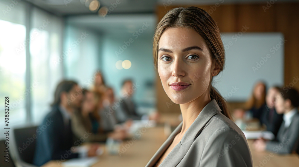 Business woman with her staff, people group in background at modern bright office indoors. Business woman with her staff, people group in background at modern bright office indoors.
