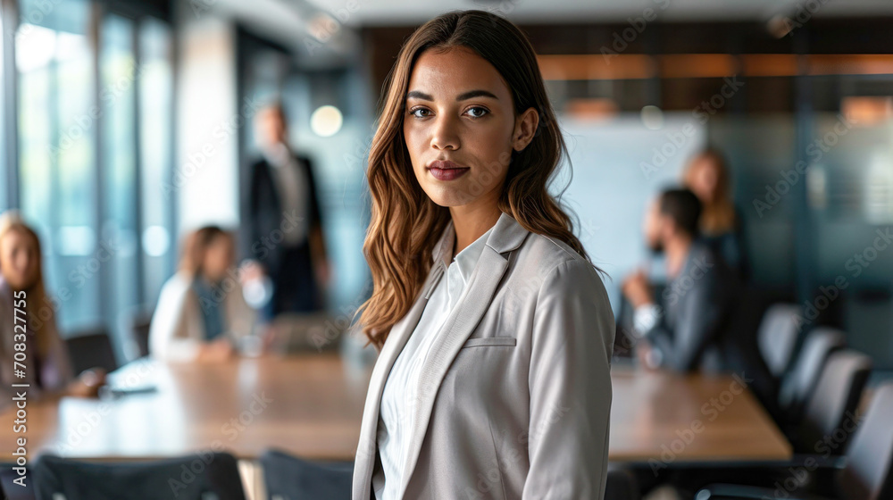 Business woman with her staff, people group in background at modern bright office indoors. Business woman with her staff, people group in background at modern bright office indoors.