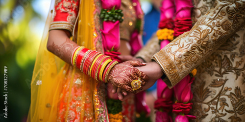 Indian Hindu Couple holding each other hands during their marriage symbolising love and affection. Hands of bride is decorated beautifully by indian mehndi art alongwith jewellery and colorful bangles photo