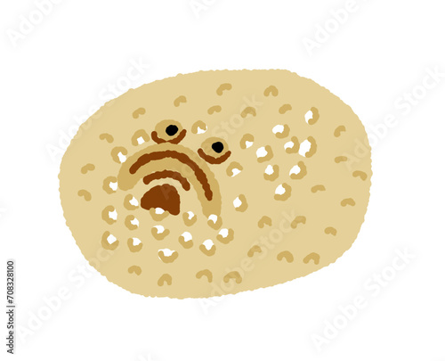 擬態して砂地に隠れる海洋危険生物オニダルマオコゼの手描きイラスト