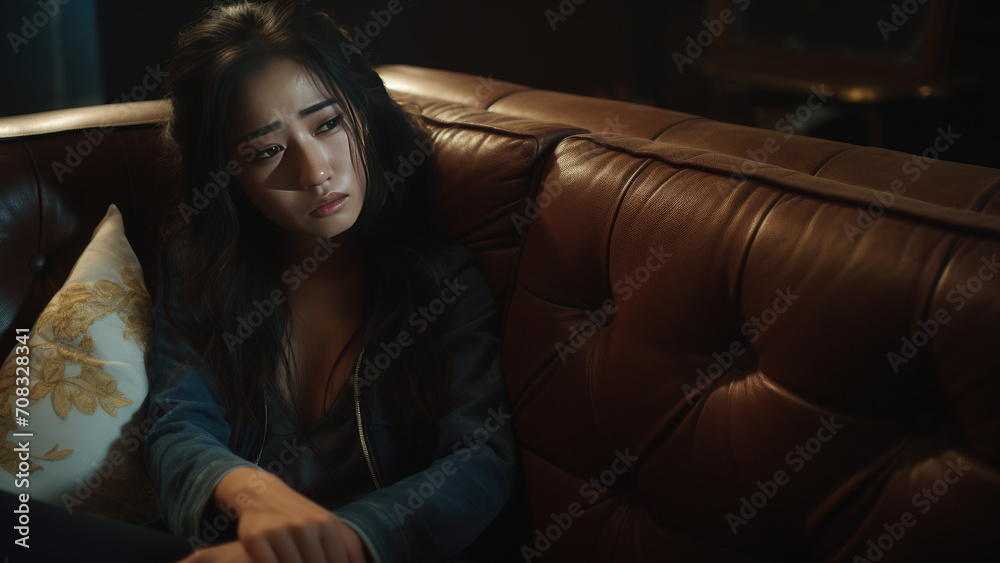 Sad thoughtful teen girl sits on chair feels depressed, offended or lonely, upset young woman suffers from abuse, harassment or heartbreak, grieving lady or violence victim has psychological problem Sad thoughtful teen girl sits on chair feels depressed, offended or lonely, upset young woman suffers from abuse, harassment or heartbreak, grieving lady or violence victim has psychological problem