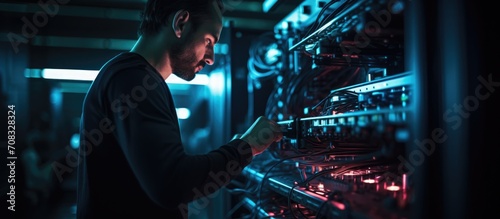 IT technician performs maintenance on laptop while controlling server rack in operational data center.