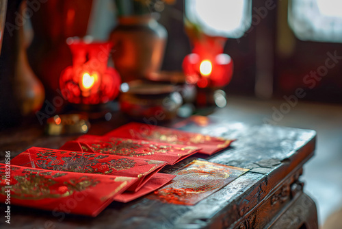 Chinese New Year Red Envelopes on a Table with Decorations
