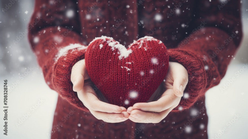 Close-up of a woman holding a knitted burgundy heart in her hands, a defocused blurred background with snowflakes. Valentine's Day greeting card. A symbol of love. Close-up of a woman holding a knitted burgundy heart in her hands, a defocused blurred background with snowflakes. Valentine's Day greeting card. A symbol of love.