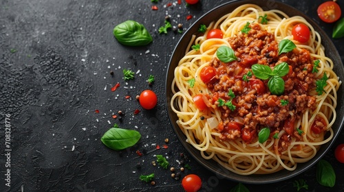 Vegetarian lentils with spaghetti pasta and parsley in a white dish. Generative Ai.