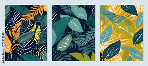 Set of abstract art seamless patterns with tropical leaves. Modern exotic design, Generative AI