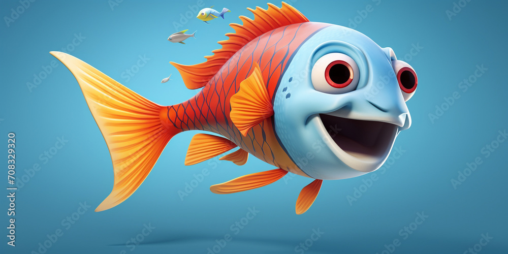 illustration of a fish,3d rendered illustration of cartoon character of goldfish with happy expression. ai generated ,Cute fish with big eyes cartoon character,There is a fish with big eyes and a big 