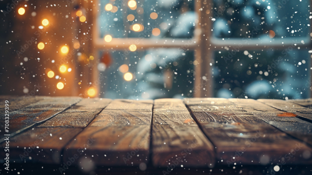 empty rustic wooden table top and blur of room with a christmas decoration background. window, stary night, falling snow. AI Generative