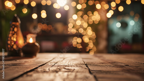 empty rustic wooden table top and blur of room with a ramadan kareem decoration background.