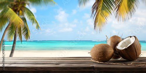 Coconuts on a beach with a blue sky in the background Island Escape Relaxing Beach with Coconut Palms 