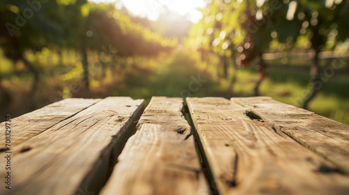 empty oak beige wooden table top and blur of grape farm garden backgroun. AI Generative