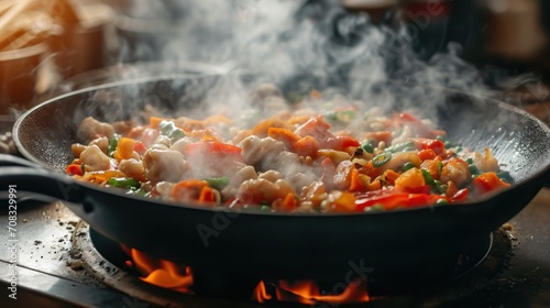 Asianstyle Cooking Produces Steaming Mixed Vegetables In A Wok. Generative Ai.