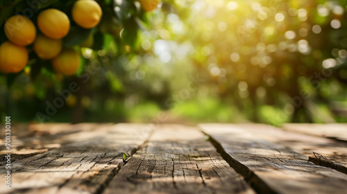 Wooden table top on blur plant vegatable or fruit organic farm background. AI Generative © Fuji