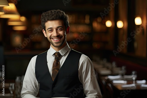 Smiling male waiter in a vest and tie standing in a restaurant.